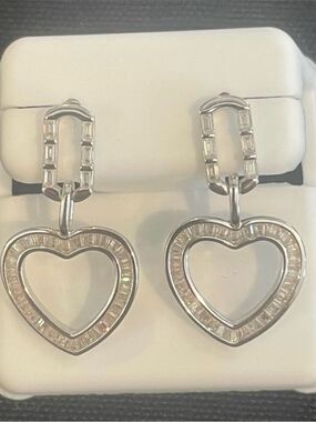 Silver Heart Drop Earrings with Baguette Accents 925 Sterling Silver 2.00ctw Moi